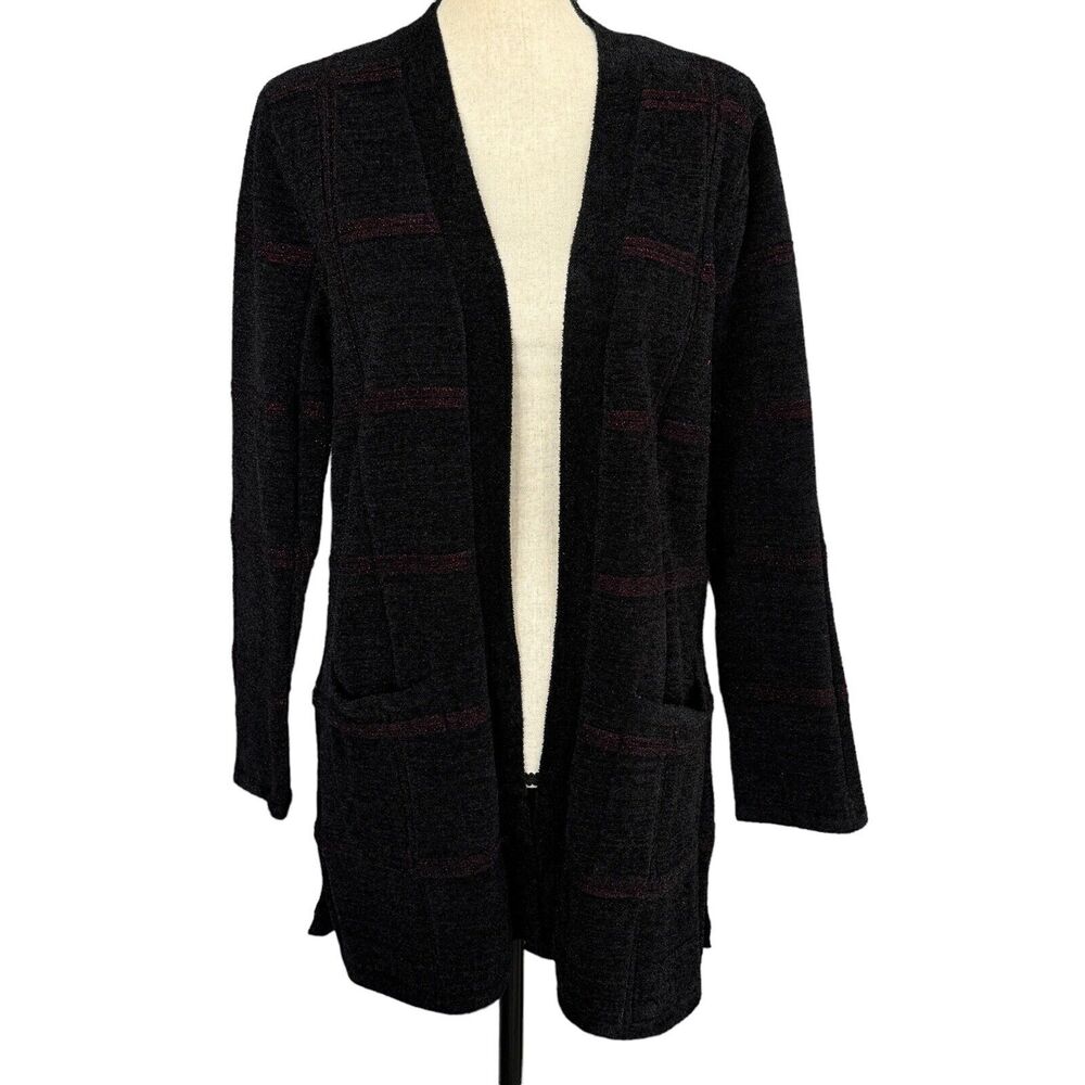 Alfani Petite Large Shine Window Pane Cardigan Sweater Pockets Open Front Black